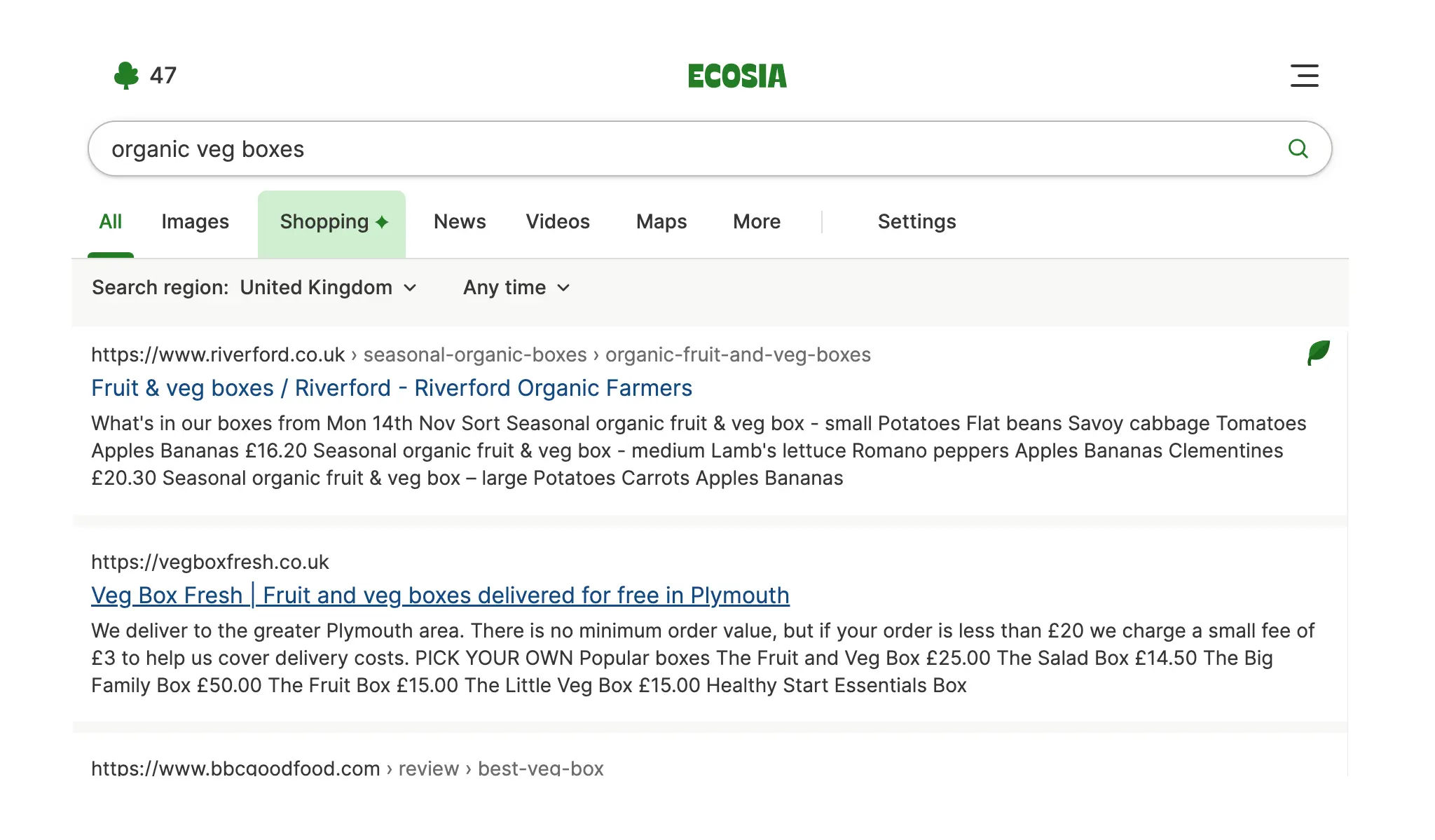 Ecosia search results showing the green leaf icon