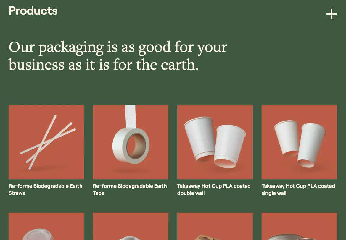 A muted red and green palette on the website of sustainable food packaging company Re-forme.