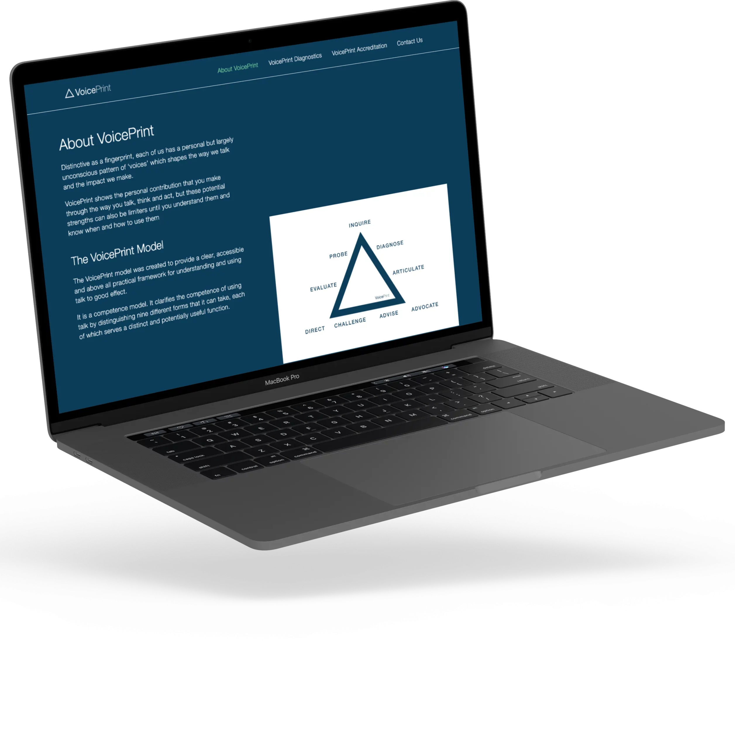 Angled Laptop Mockup of VoicePrint Website by Consider