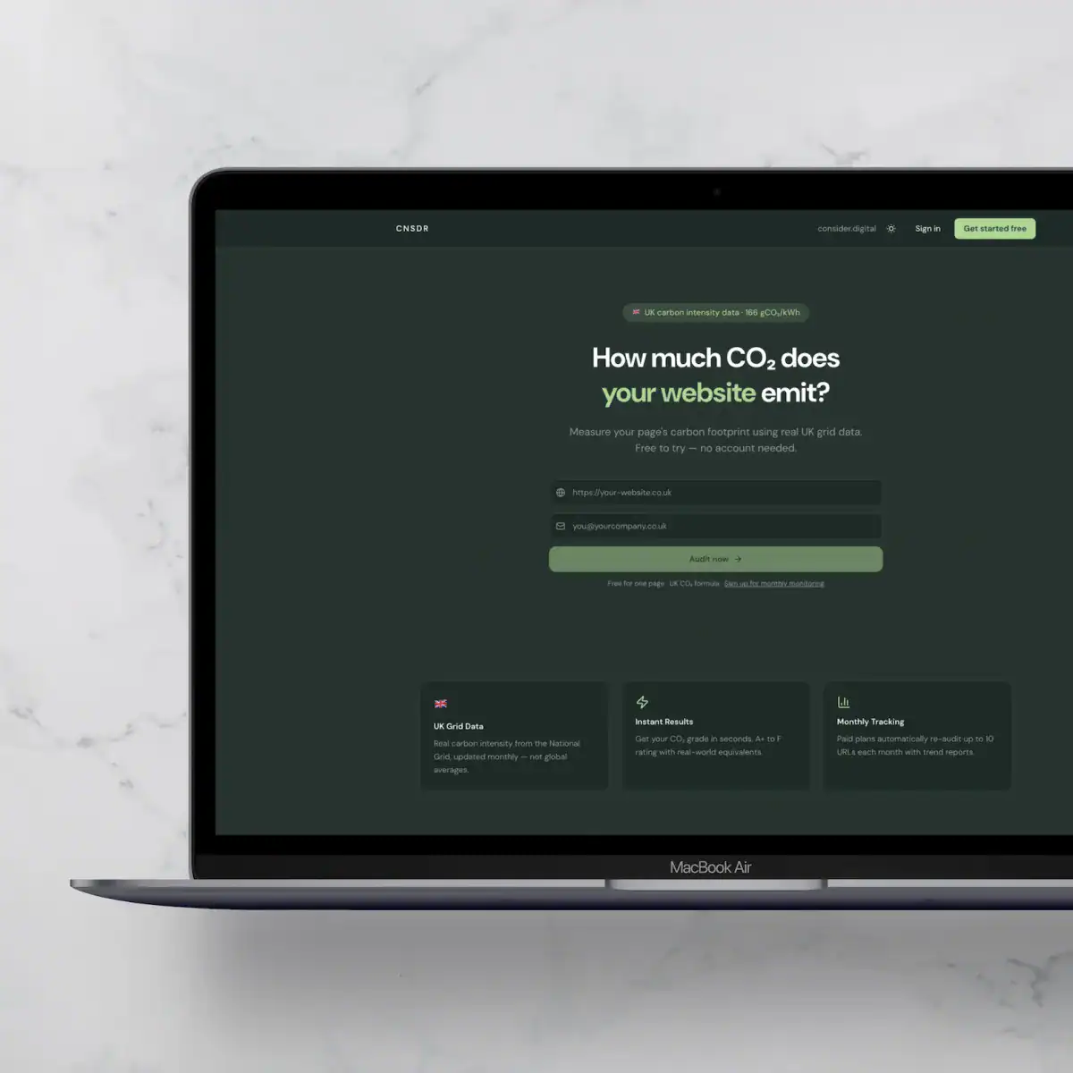 Consider Digital Carbon tool displayed on a Macbook