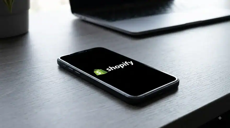An iphone on a grey a table with a shopify logo on the screen - showing Headless Shopify