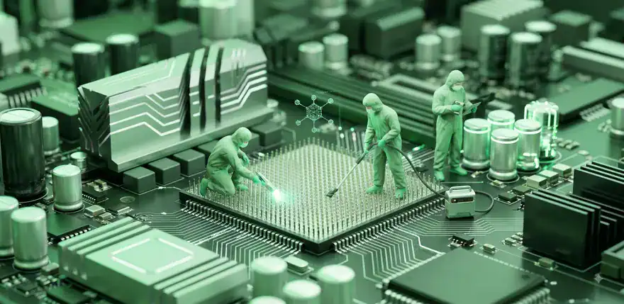 A macro photograph of three people in green cleanroom suits on a giant motherboard. They are meticulously scraping and cleaning hundreds of tiny pegs rising from the socket. A glowing molecular structure graphic, representing a virus or malware, floats above. The image is a visual metaphor for cleaning up digital bloat.